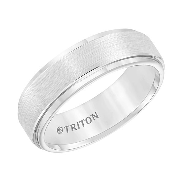 Triton White Tungsten Carbide Brush Finish Comfort Fit Band Angle View