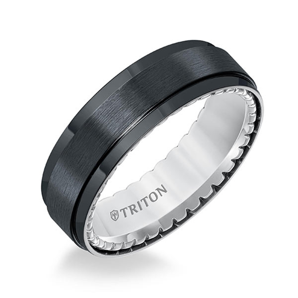 Triton Black Titanium & Silver Step Edge Comfort Fit Satin Finish Band Angle View