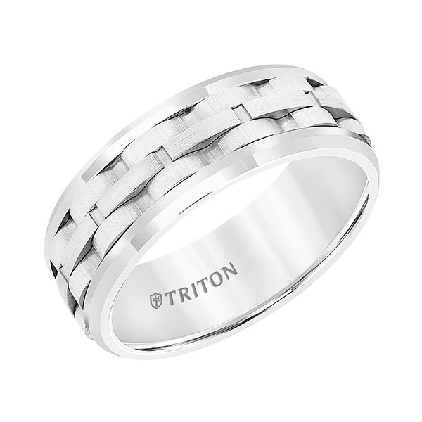 Triton White Tungsten Carbide Link Center Band Angle View