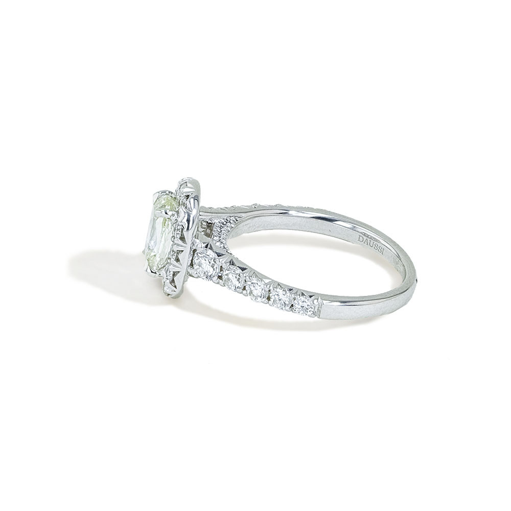 Henri Daussi Cushion Halo Halfway Pave Diamond Engagement Ring side view