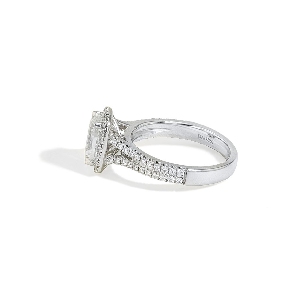 Henri Daussi Cushion Halo Diamond Split Engagement Ring in 18K Gold