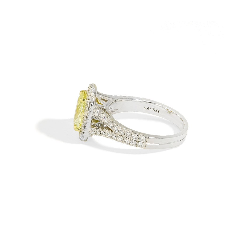 Henri Daussi Cushion Halo Yellow Diamond Split Engagement Ring side view