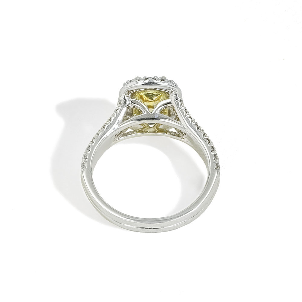 Henri Daussi Cushion Halo Yellow Diamond Split Engagement Ring back view