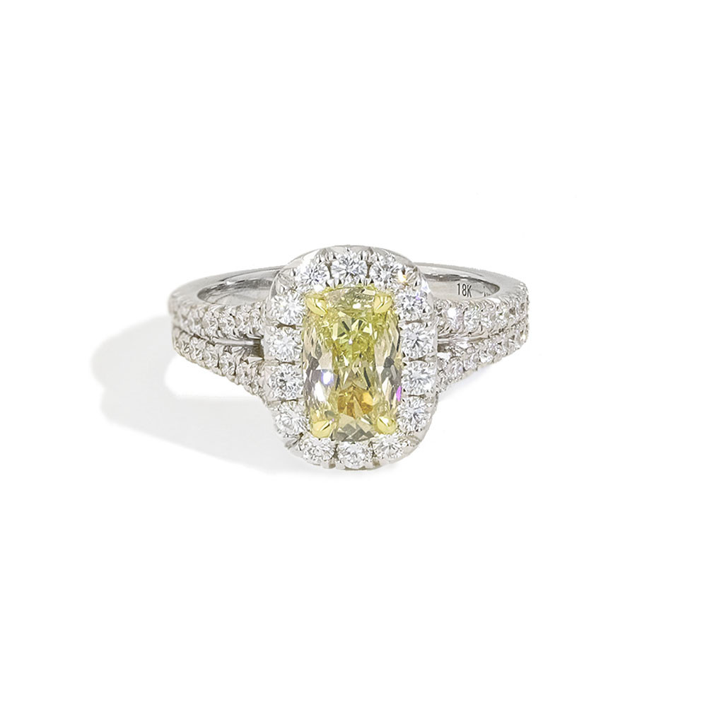 Henri Daussi Cushion Halo Yellow Diamond Split Engagement Ring Front view