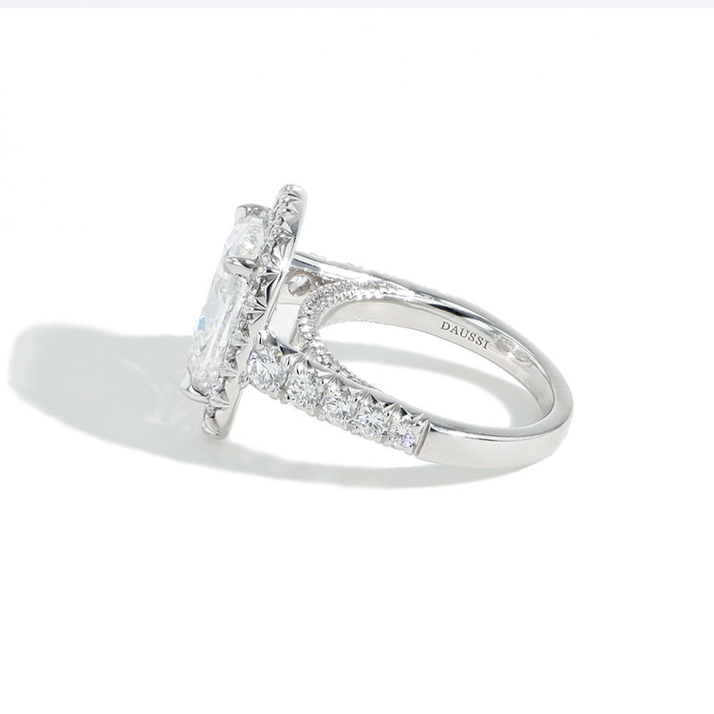 Henri Daussi 5 ctw Cushion Diamond Halo Engagement Ring side view