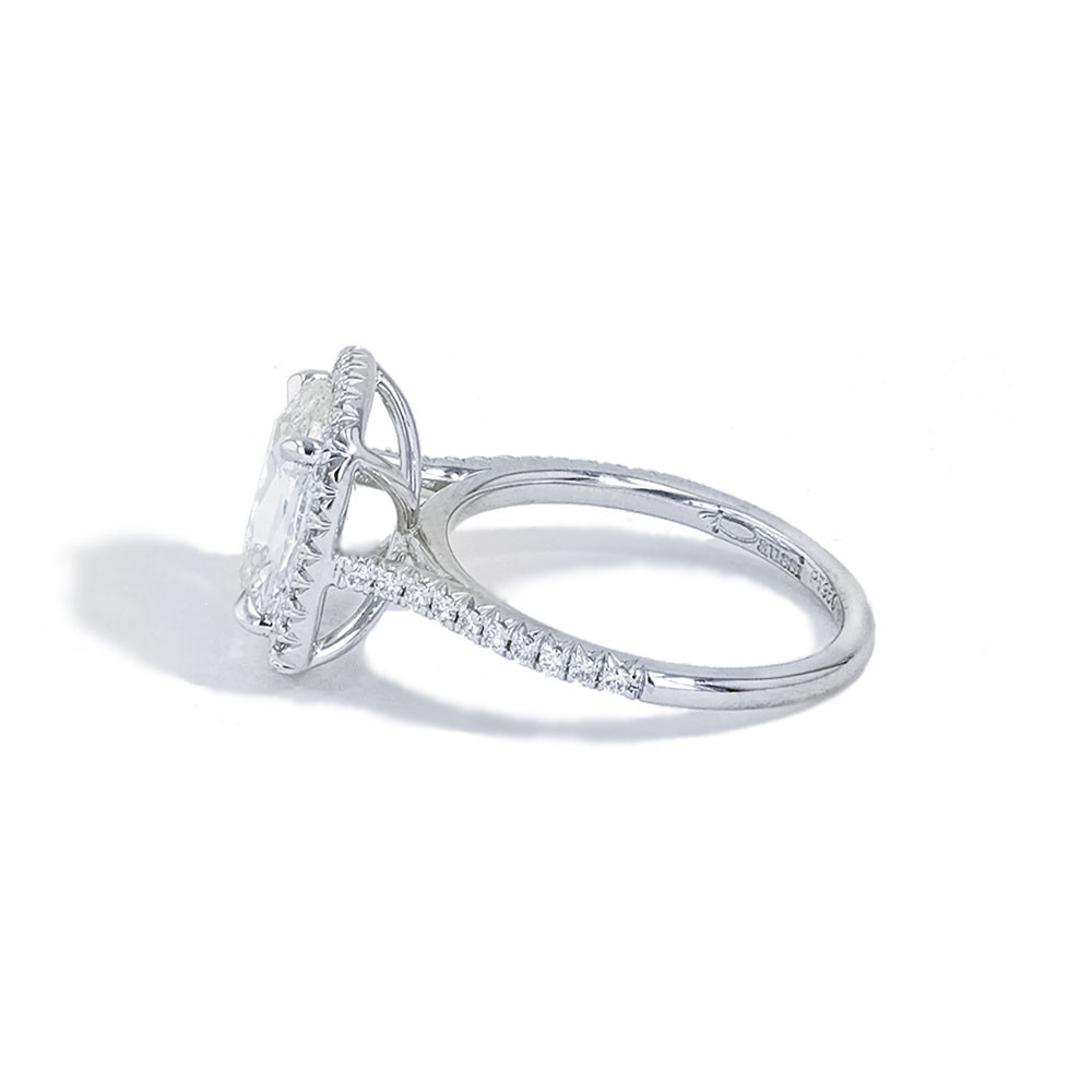 Henri Daussi Cushion Halo Pave Diamond Platinum Engagement Ring side view