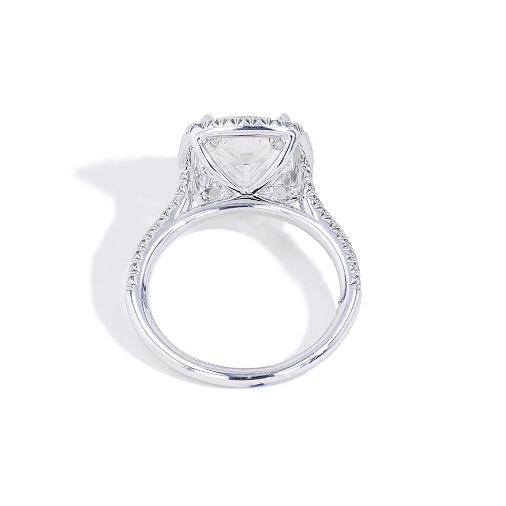 Henri Daussi Cushion Halo Pave Diamond Platinum Engagement Ring back view