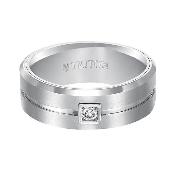 Triton White Tungsten Carbide Square Bezel Diamond Comfort Fit Band Flat View