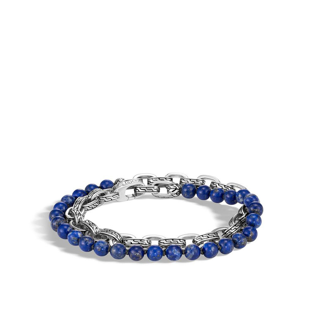 John Hardy Classic Chain Double Wrap Silver & Lapis Lazuli Beaded Bracelet