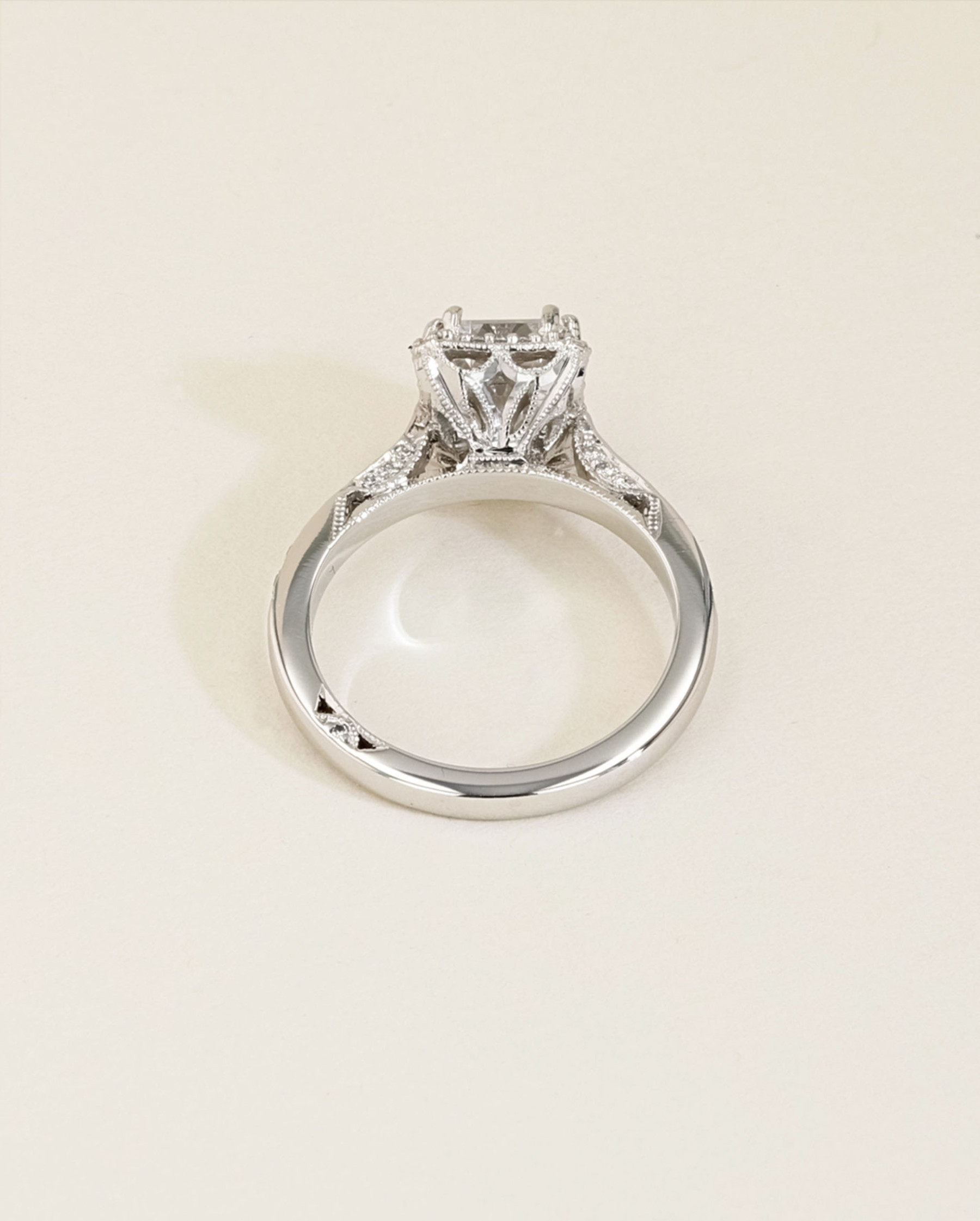 Tacori Dantela Platinum Emerald Halo Pave Diamond Engagement Ring Setting back view