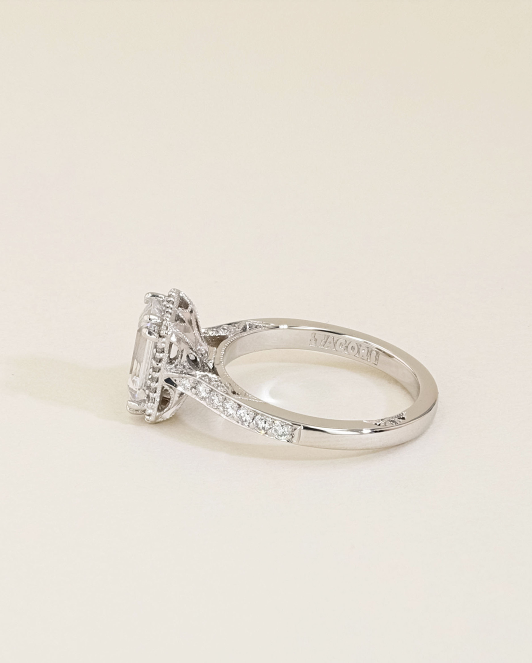 Tacori Dantela Platinum Emerald Halo Pave Diamond Engagement Ring Setting side view