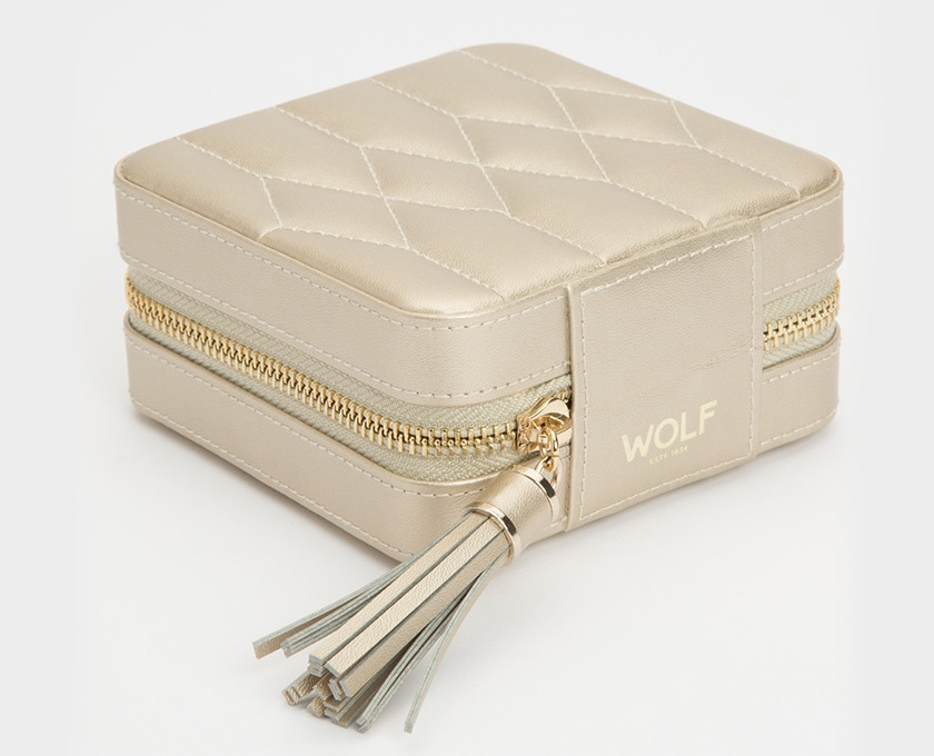 Wolf Caroline Quilted Leather Jewelry Zip Travel Case in Champagne Outside View