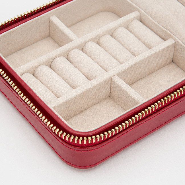 Wolf Red Leather Quilted Caroline Jewelry Travel Case Close Up View