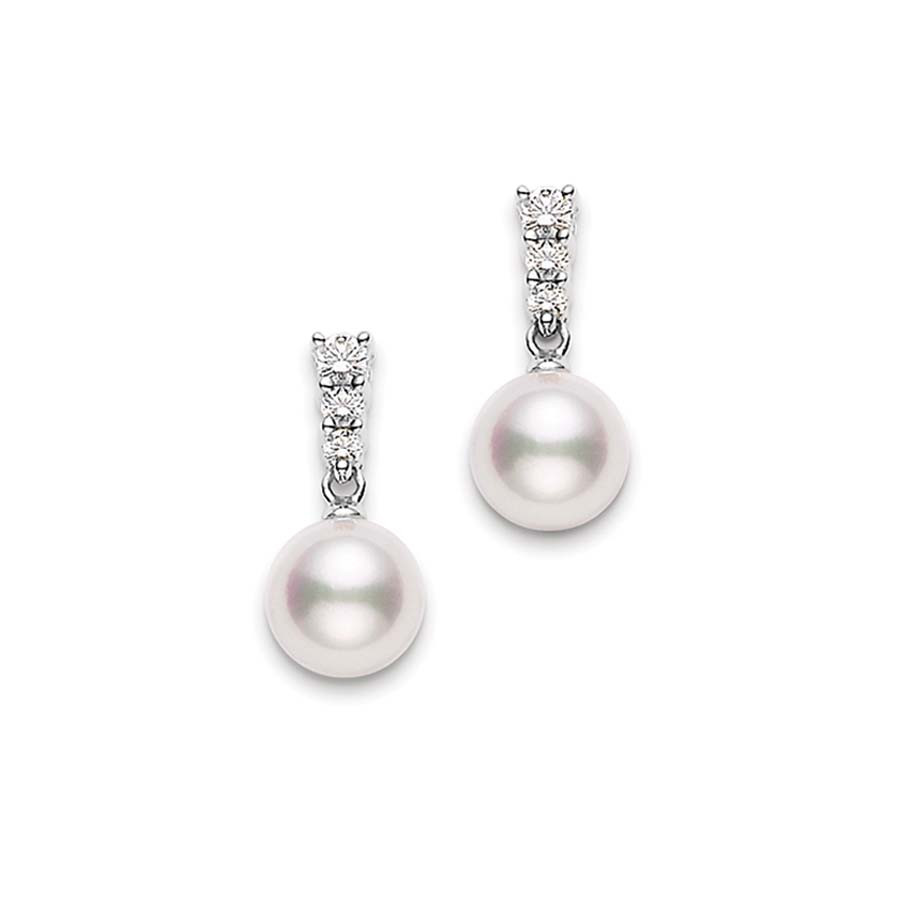Mikimoto Morning Dew White Gold Pearl Diamond Earrings 8mm