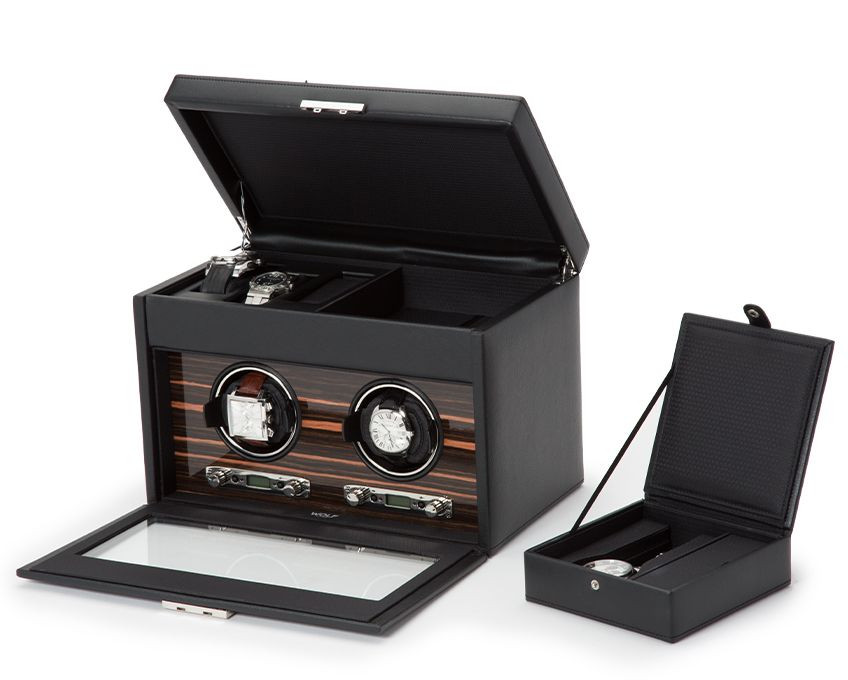 Wolf Black Double Roadster Watch Winder with Storage Open with Storage Box