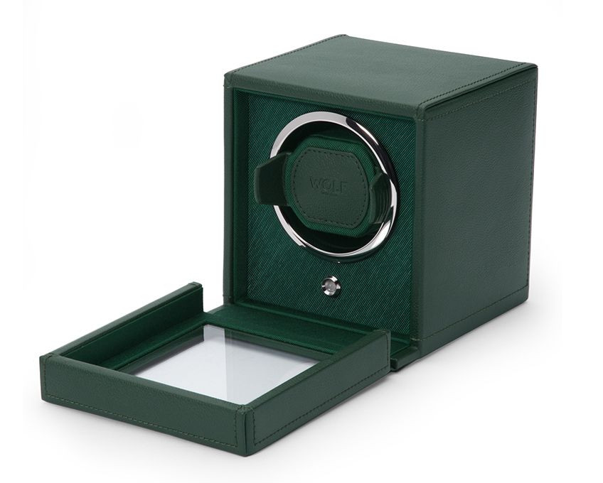 Wolf Green Leather Cub Cube Watch Winder Open View