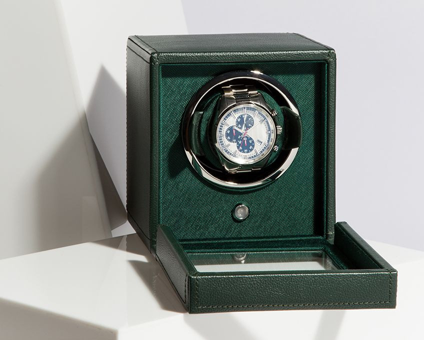 Wolf Green Leather Cub Cube Watch Winder Open Side View
