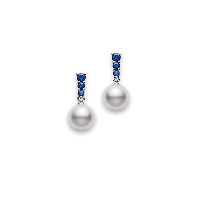 Mikimoto Morning Dew Akoya Pearl and Blue Sapphire Earrings 8mm