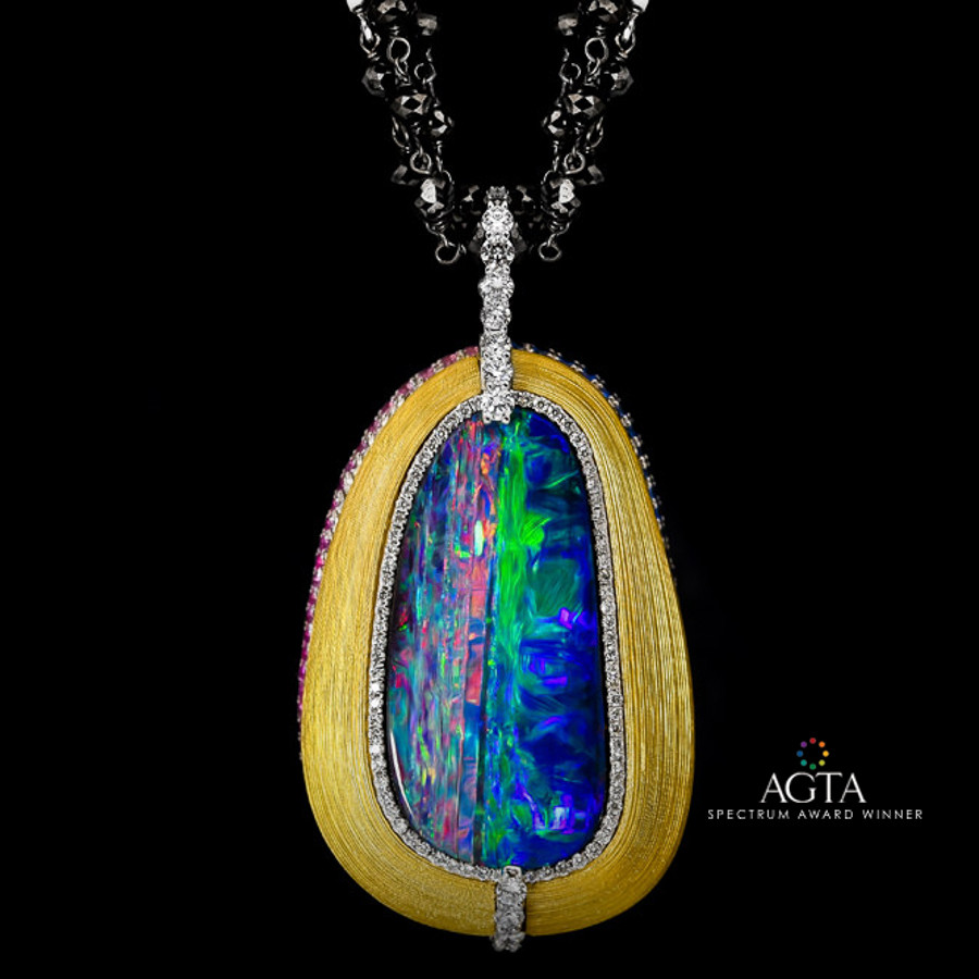 2016 AGTA Award Winning Boulder Opal, Diamond & Sapphire Pendant 