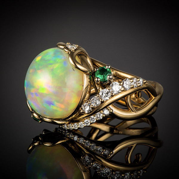 Robert Pelliccia Yellow Gold Opal, Emerald & Diamond Cocktail Ring Side 2 View