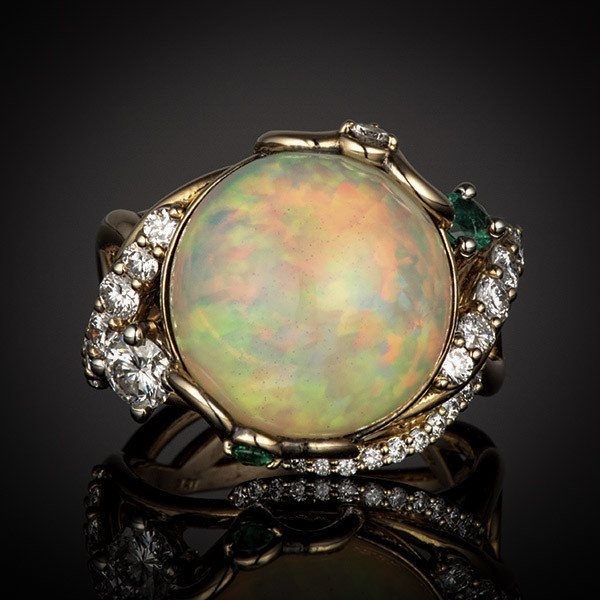 Robert Pelliccia Yellow Gold Opal, Emerald & Diamond Cocktail Ring Front  View