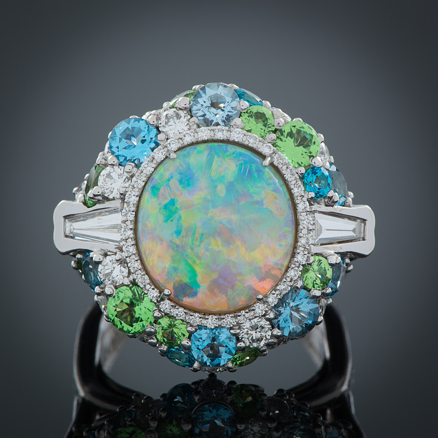 Lightening Opal Diamond & Gemstone White Gold Ring front