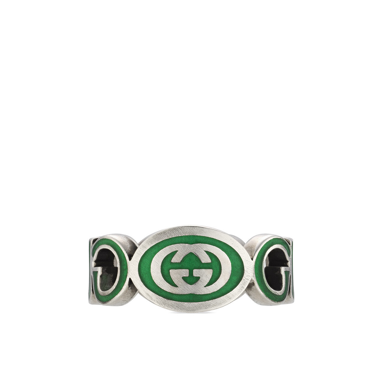Interlocking G Ring with Green Enamel Front