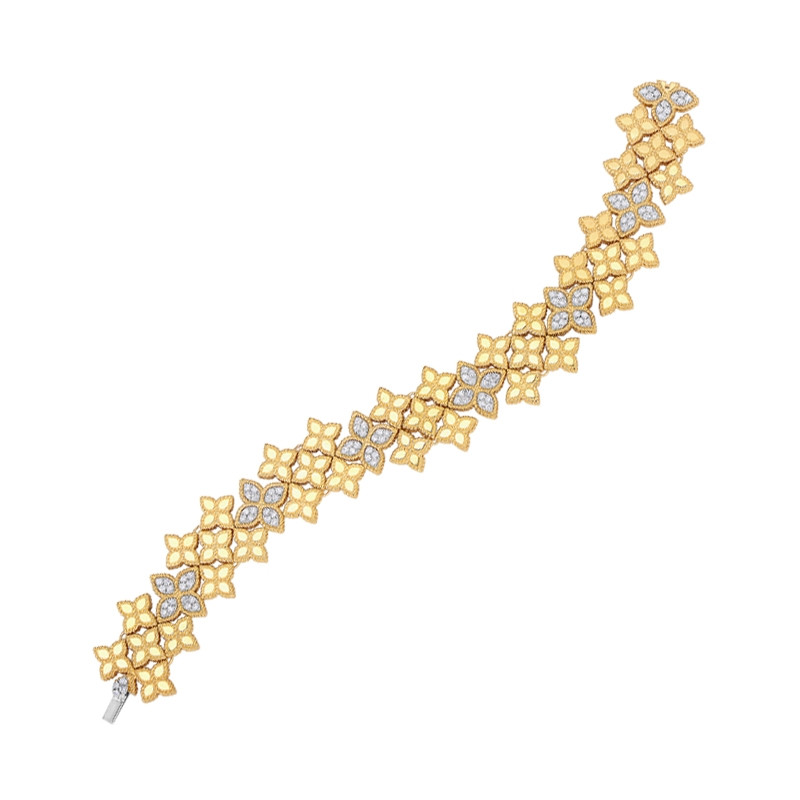 Roberto Coin Yellow Gold Wide Diamond Princess Flower Link Bracelet