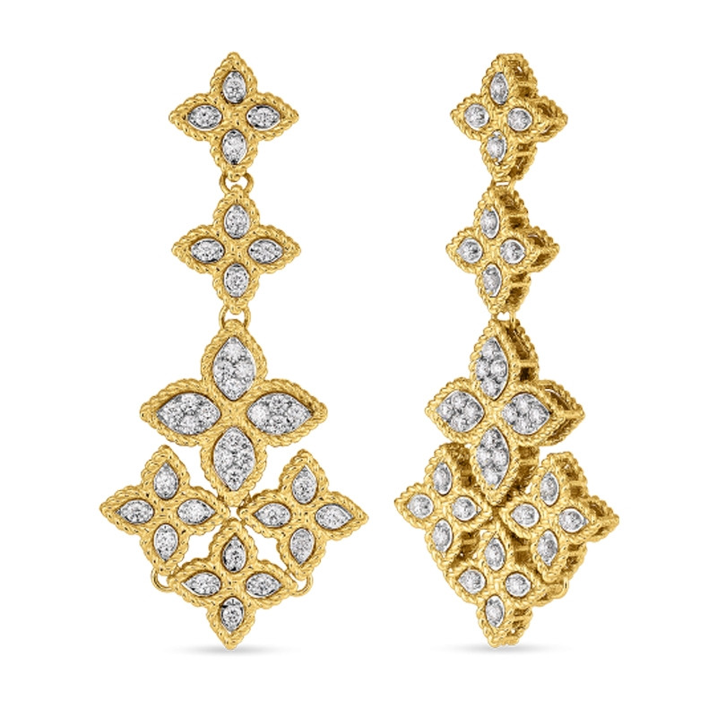 Roberto Coin Yellow Gold Diamond Princess Flower Chandelier Drop Earrings