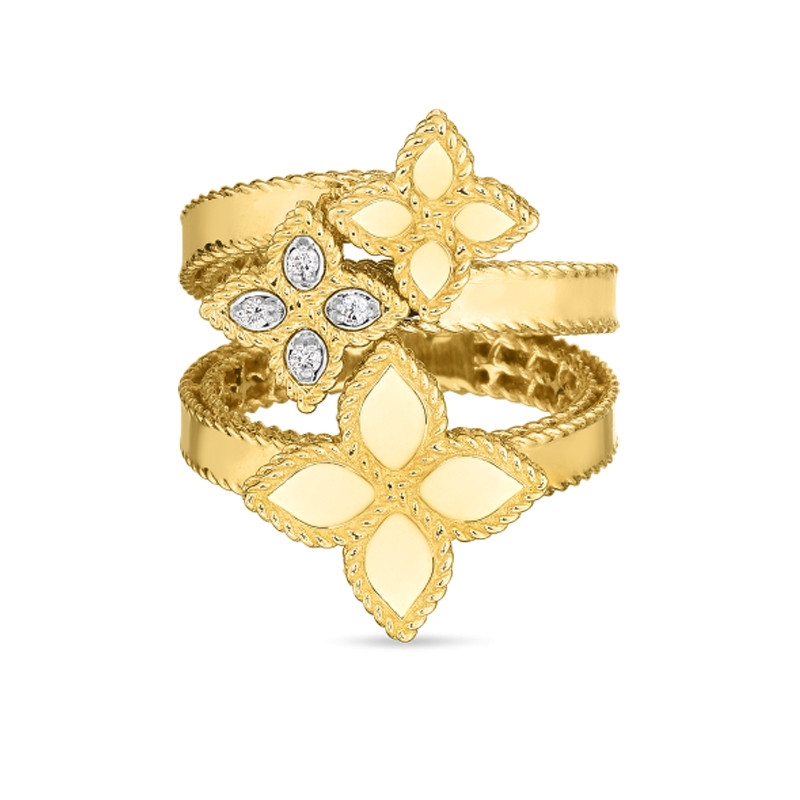 Roberto Coin Princess Flower Yellow Gold Three Flower Diamond Bypass Ring