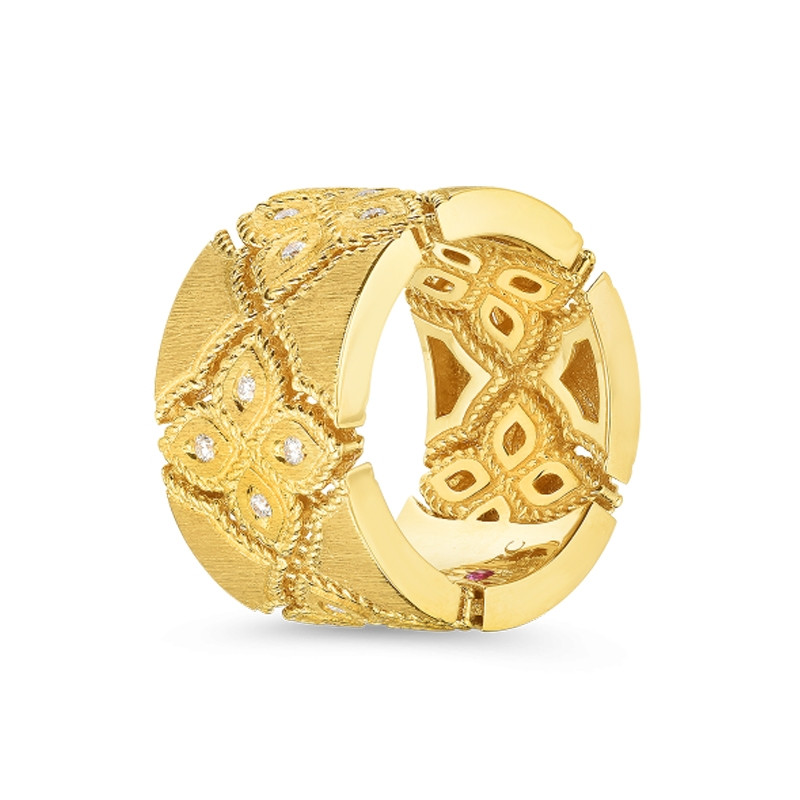 Roberto Coin Satin Yellow Gold Wide Venetian Princess Diamond Ring Angle View