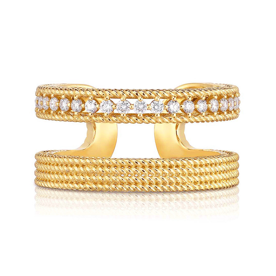 Roberto Coin Yellow Gold Symphony Two Row Diamond Barocco Ring Profile View