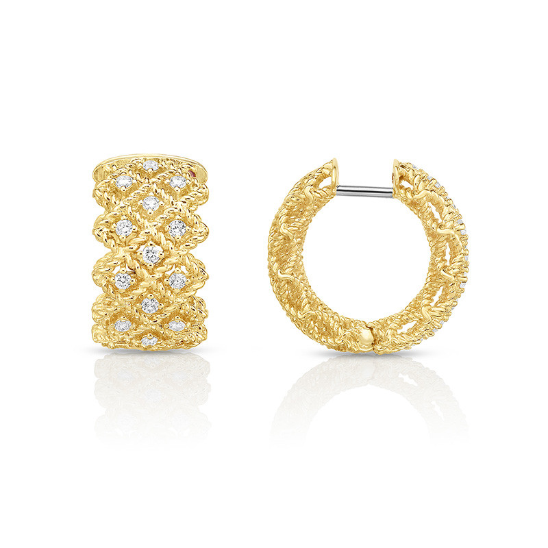 Roberto Coin Yellow Gold Three Row Diamond Hoop New Barocco Earrings