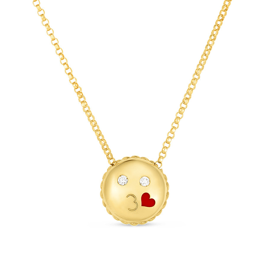 Roberto Coin Diamond Pendant Yellow Gold Kiss Emoji Necklace