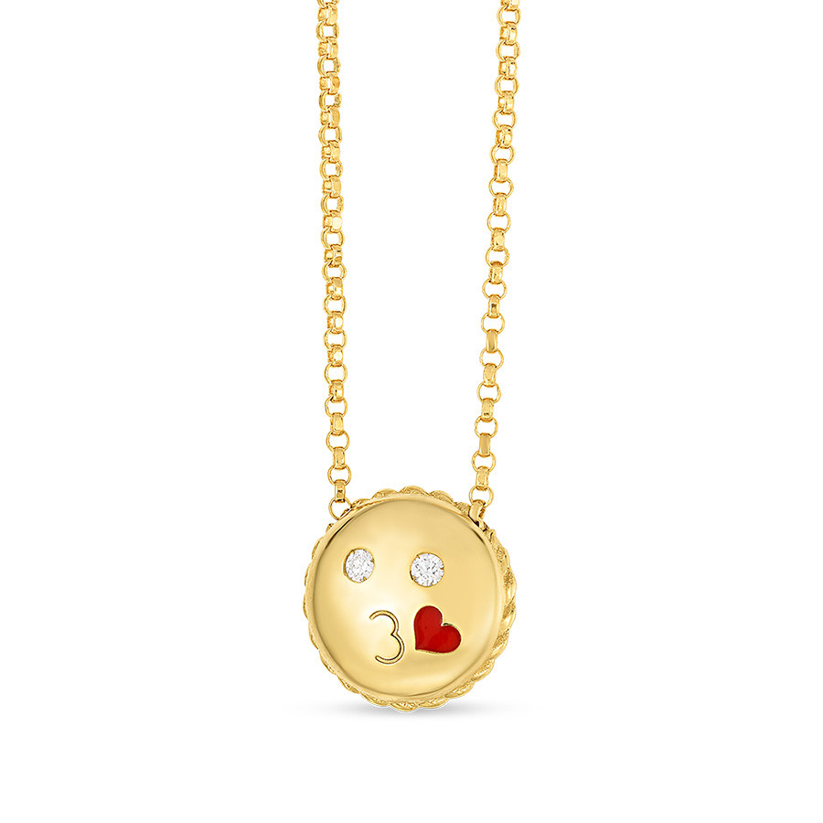 Roberto Coin Diamond Pendant Yellow Gold Kiss Emoji Necklace Side View