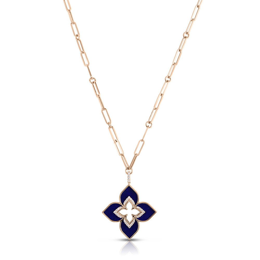 Roberto Coin Venetian Princess Lapis and Diamond Flower Pendant Necklace