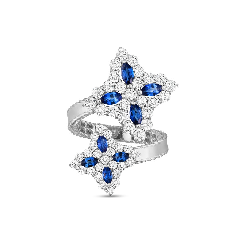 Roberto Coin White Gold Princess Flower Diamond & Sapphire Bypass Ring