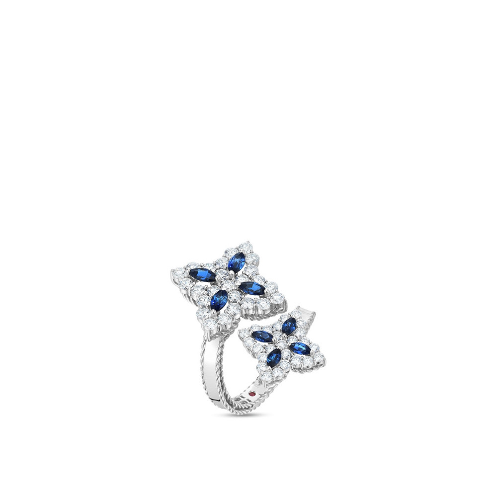 Roberto Coin White Gold Princess Flower Diamond & Sapphire Bypass Ring Angle View