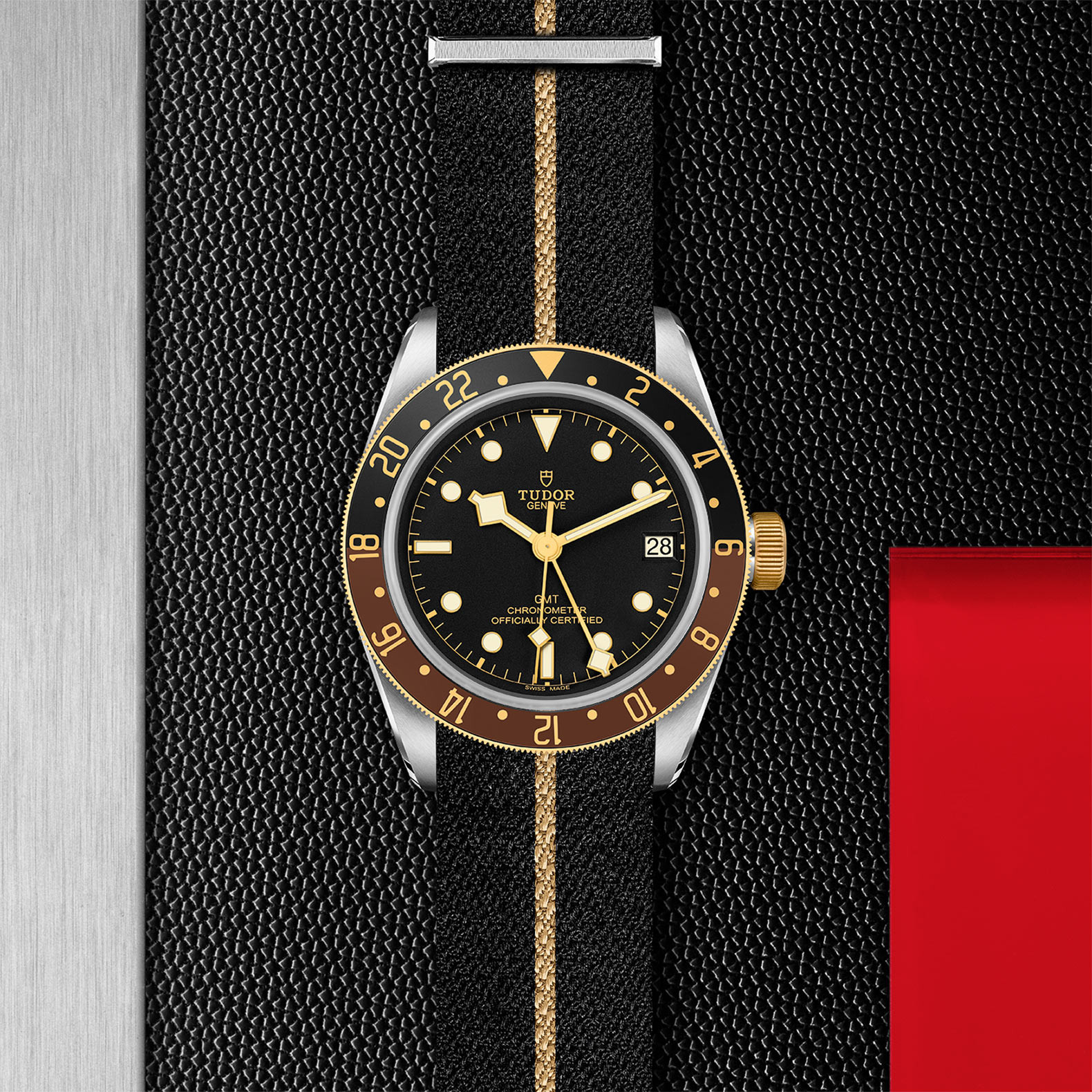 TUDOR Black Bay GMT S&G with Steel Case and Black Fabric Strap With Beige Band - 41mm M79833MN-0004 Watch in Store Flat Lay
