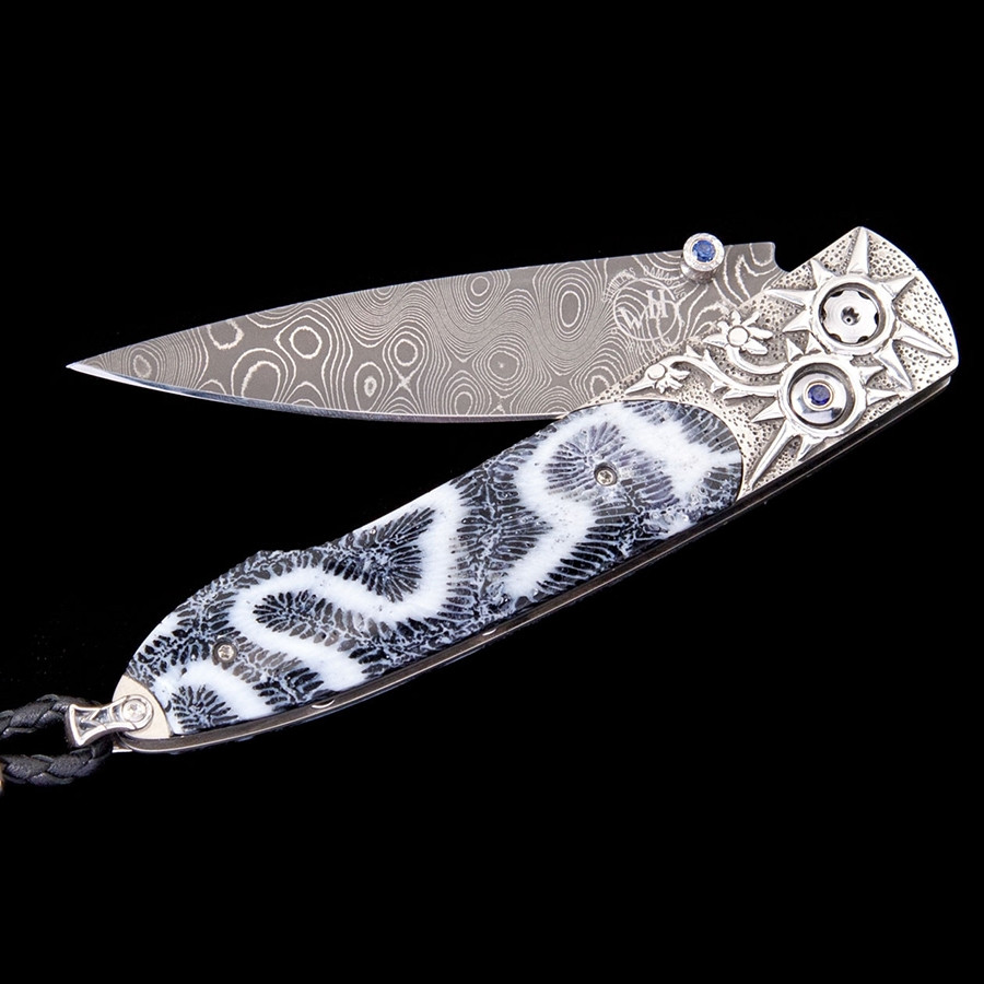 William Henry Burst Lancet Silver Sapphire Fossilized Pocket Knife