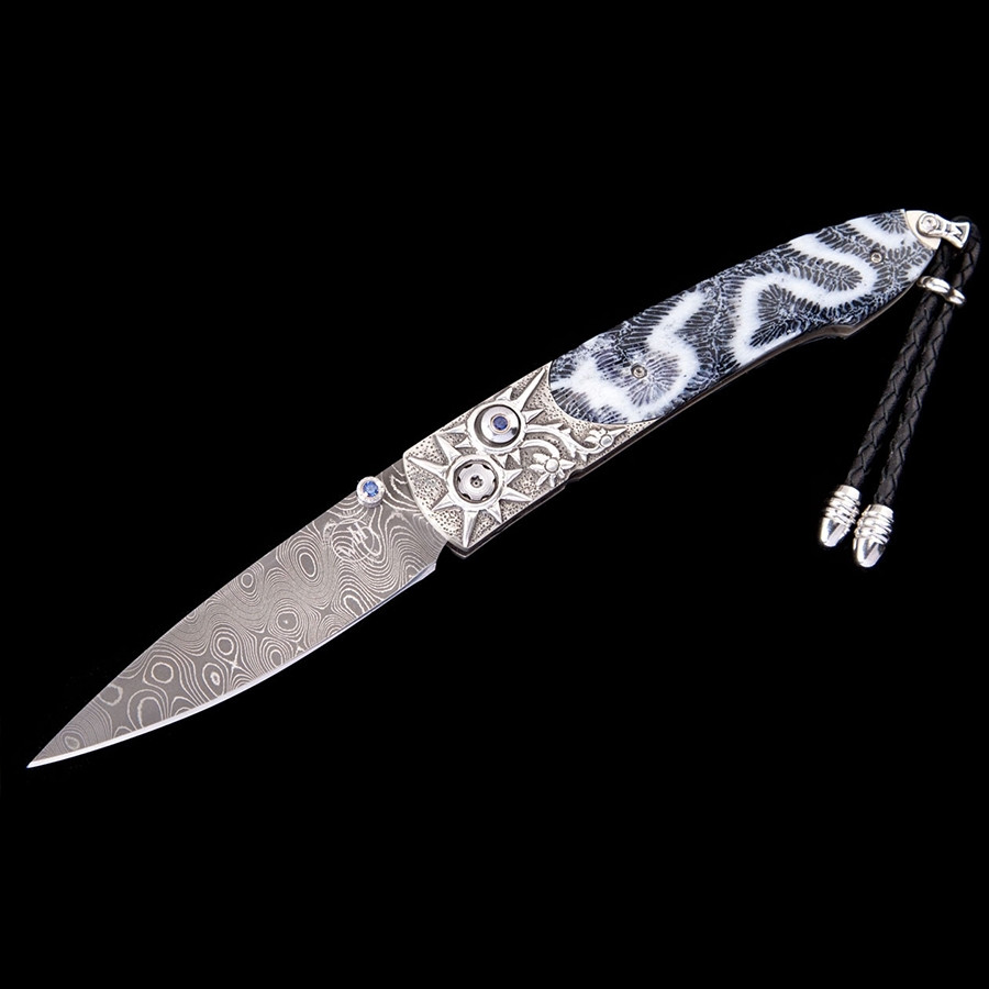 William Henry Burst Lancet Silver Sapphire Fossilized Pocket Knife Open