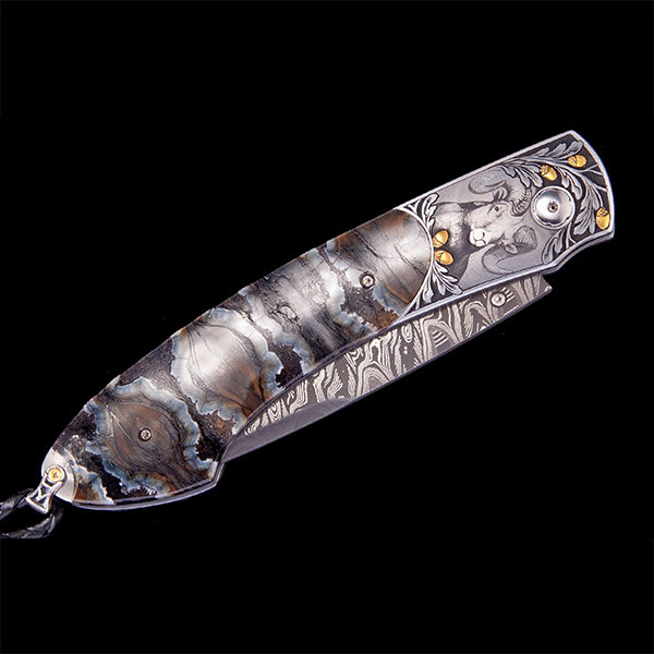 William Henry  Hand Engraved Spearpoint Ram Aries Bighorn II Pocket Knife Closed View