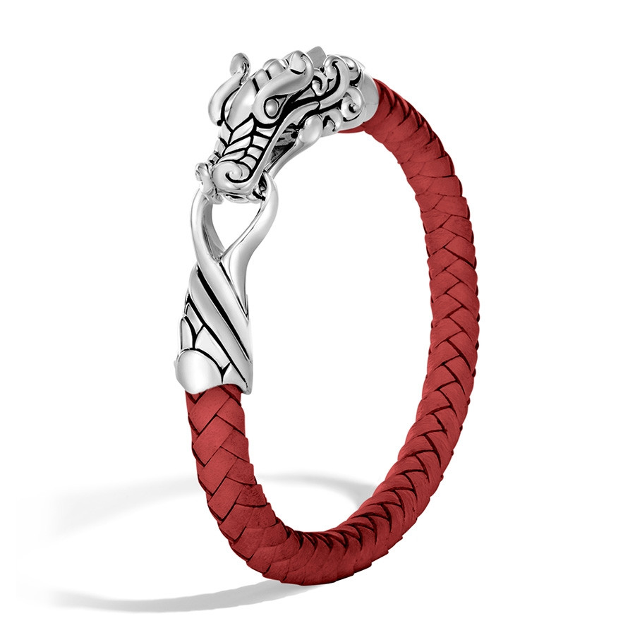 John Hardy Naga Legends Silver Dragon Red Woven Leather Bracelet Angle View