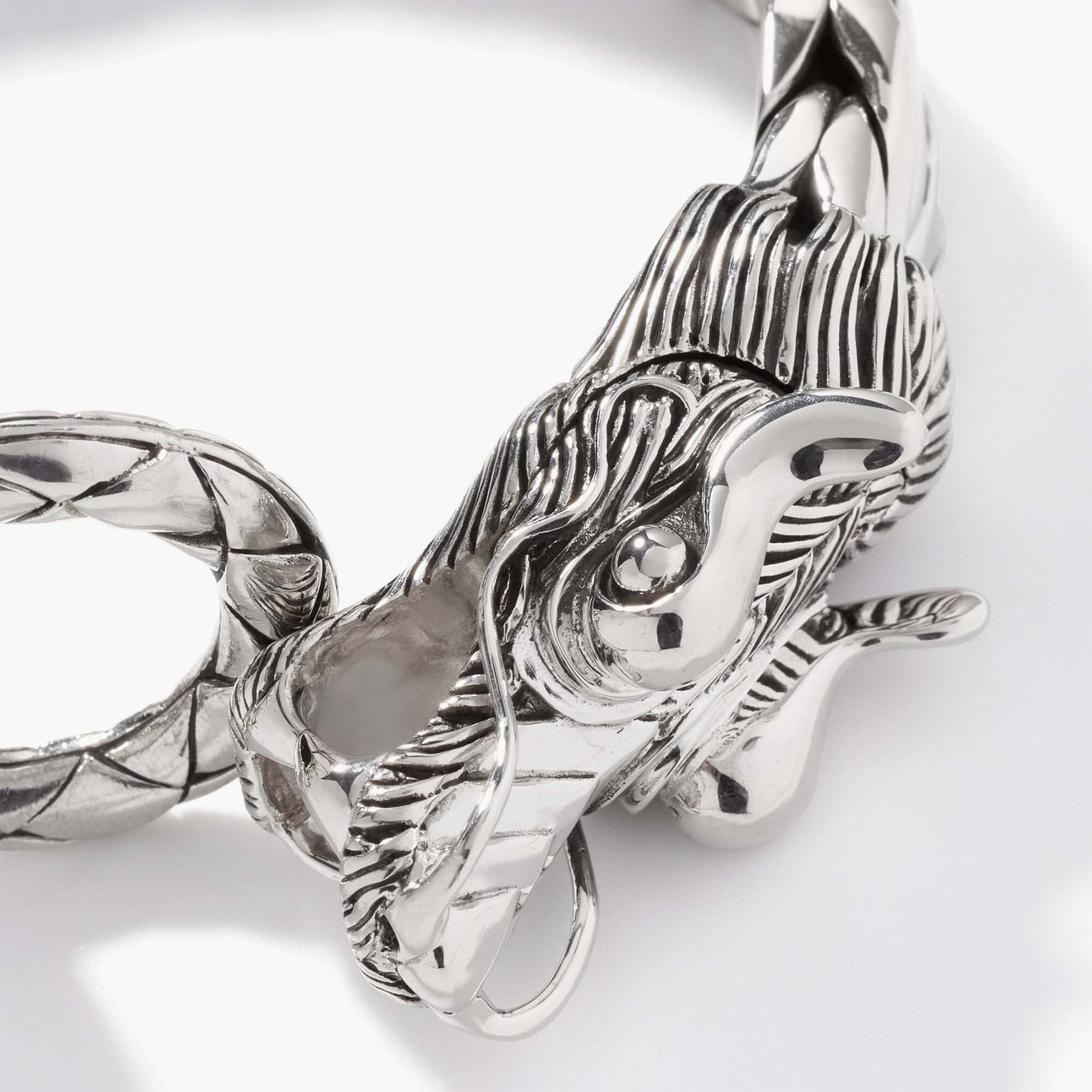 John Hardy Naga Extra-Large Rectangular Chain Silver Bracelet Closeup