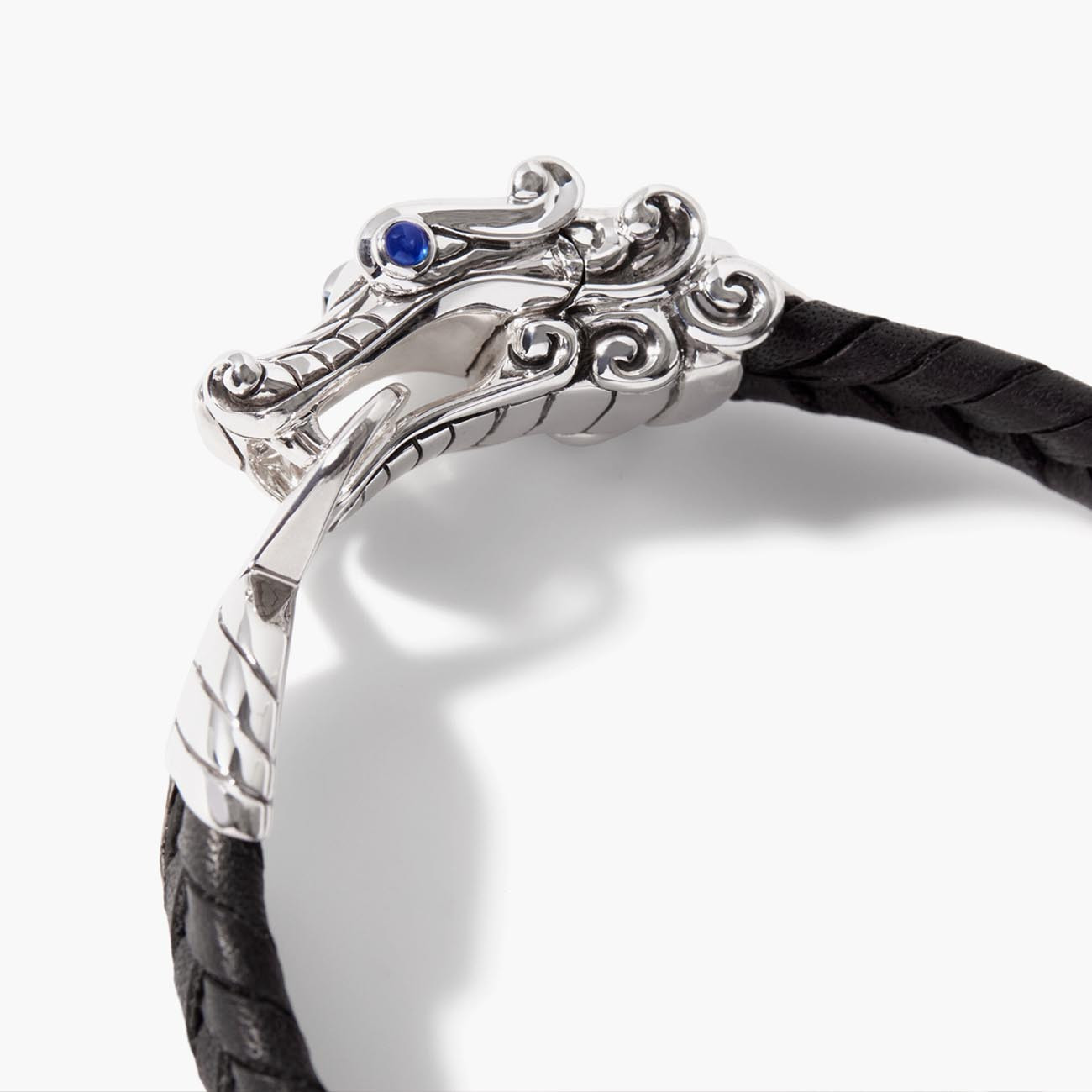 John Hardy Naga Black Leather Blue Sapphire Bracelet Profile View