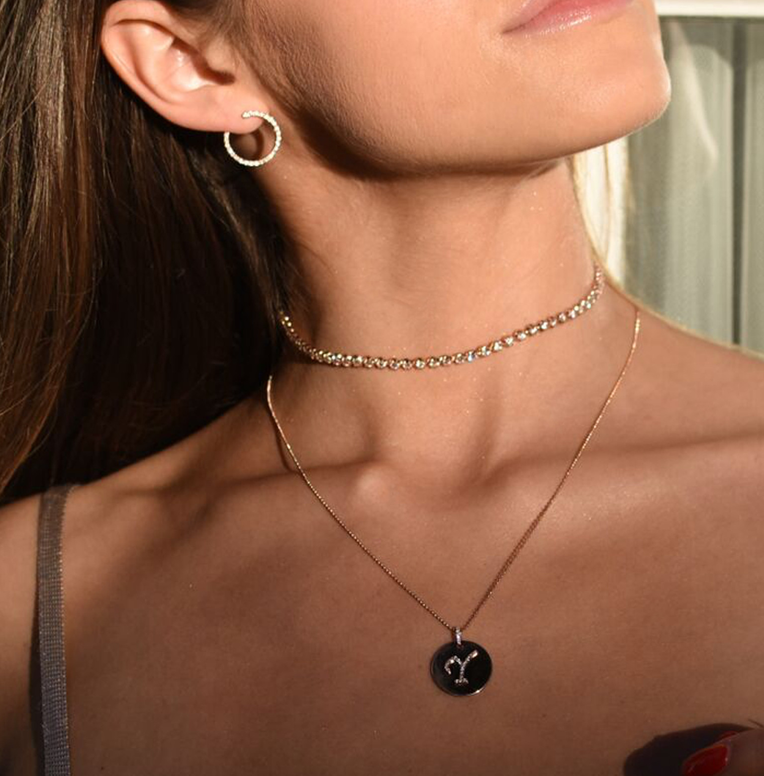Carbon & Hyde Renata Diamond Initial Necklace in 14K Gold on model