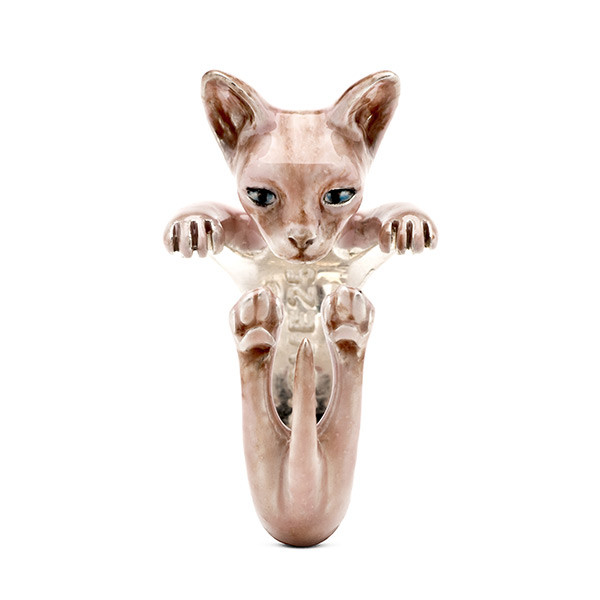 Cat Fever Pink Enamel Sphynx Hug Silver Ring Front View