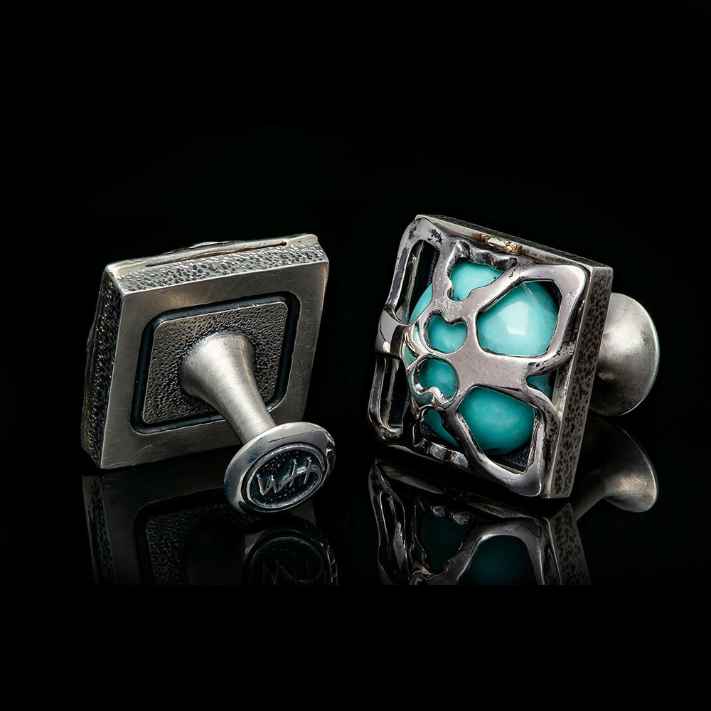 William Henry Ripple Embrace Silver Turquoise Skeletal Cage Cufflinks Back Side 