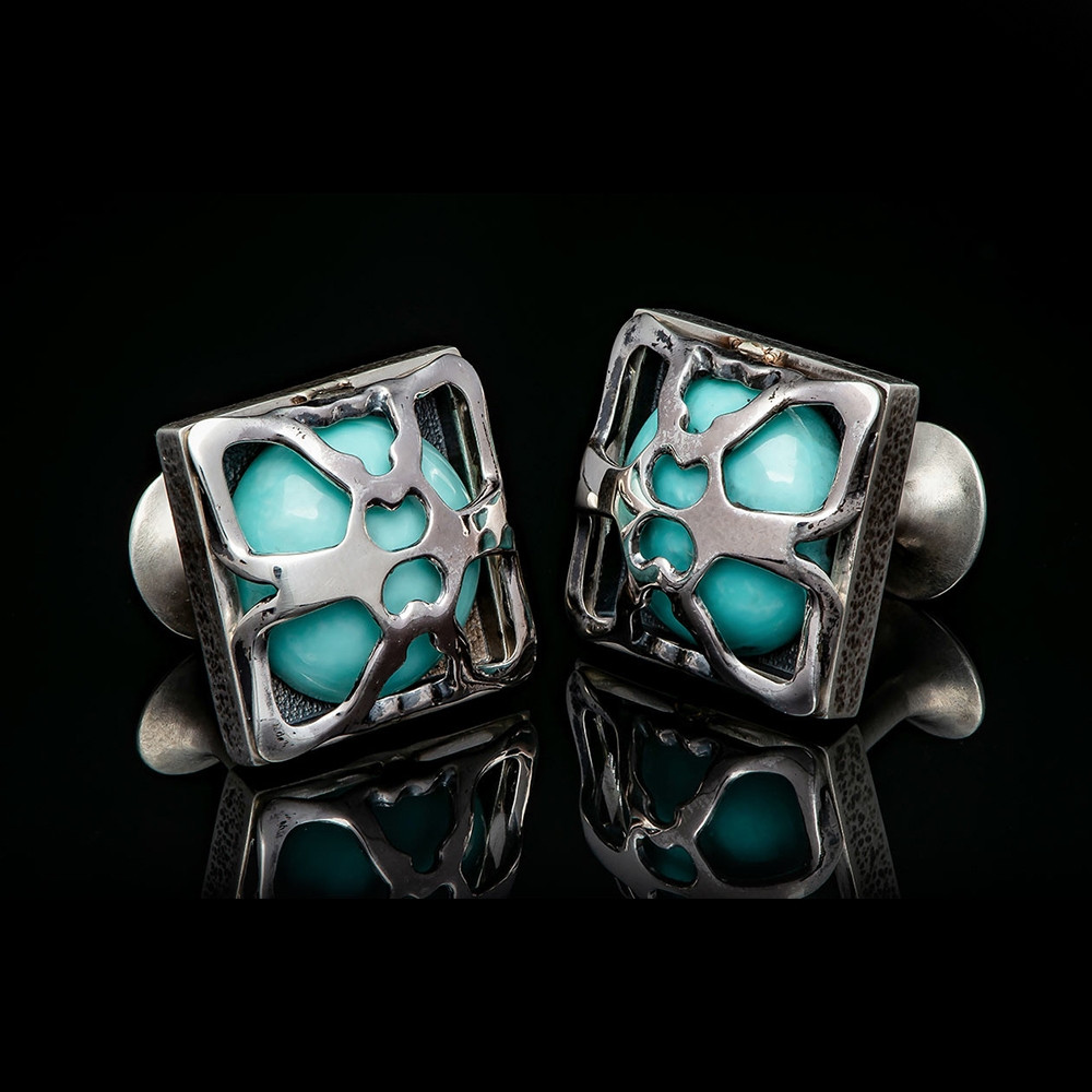 William Henry Ripple Embrace Silver Turquoise Skeletal Cage Cufflinks