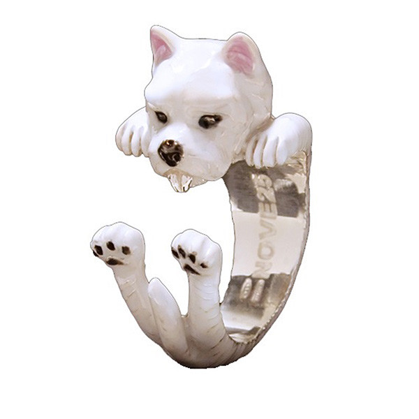 Dog Fever West Highland White Terrier Enamel Silver Hug Ring 